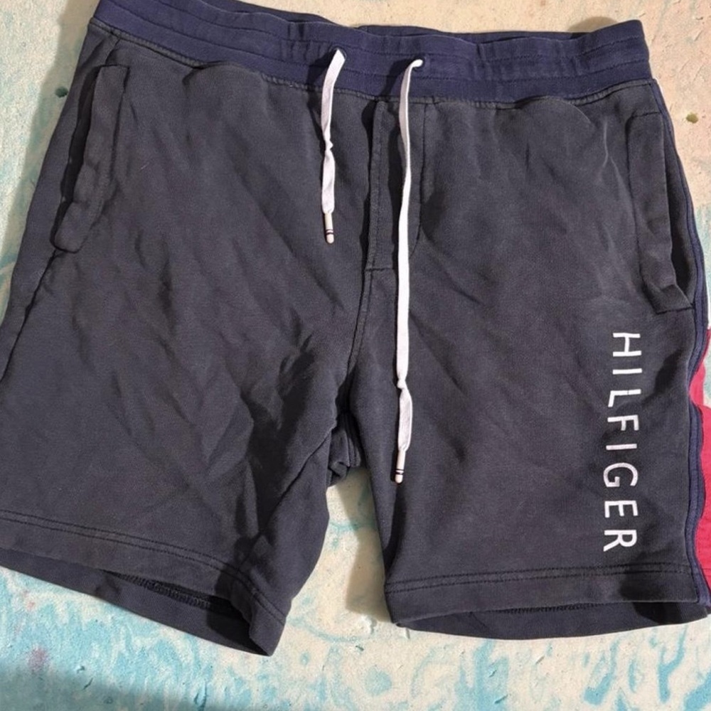 Tommy Hilfiger Navy Distressed Athletic Shorts with Red Accent